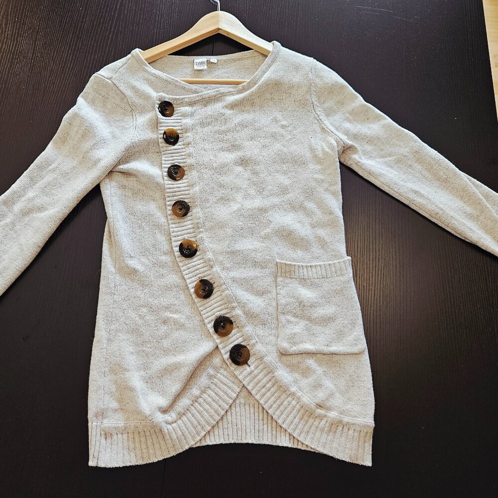 Twik Button Detail Cream Faux Wrap Pullover Sweater